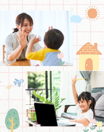 親子で英語を楽しむ様子と、オンラインで英語を学ぶ子ども